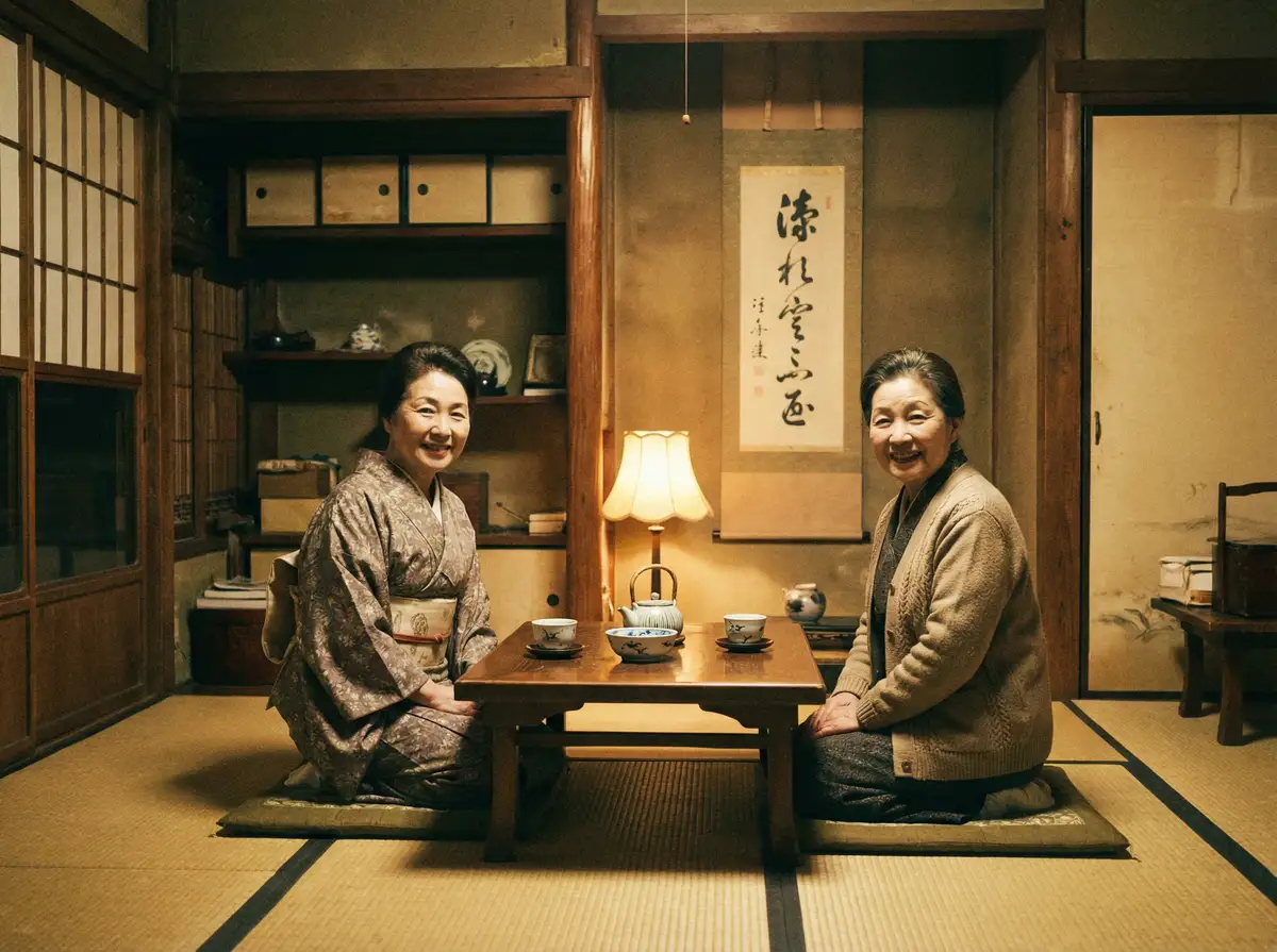 两位优雅的 里番 在日式茶室中品茶交谈